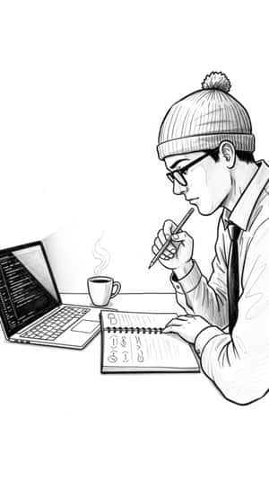 戴毛帽和眼鏡的人，在筆記型電腦和咖啡旁邊寫筆記。 — 極高畫質 壁紙