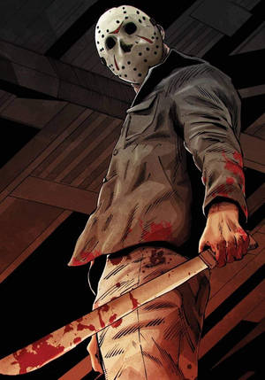 恐怖角色 Jason Voorhees 在黑暗的木質環境中手持血淋淋的大砍刀。 — 黑白小丑 壁紙