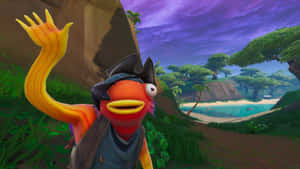 一條戴著海盜帽的卡通魚在熱帶海灘場景中揮手。 — 魚棒 Fortnite 壁紙