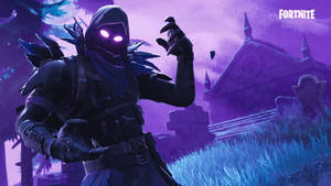 Fortnite 角色在夜晚的紫色墓地中，眼睛發光。 — iMac 壁紙
