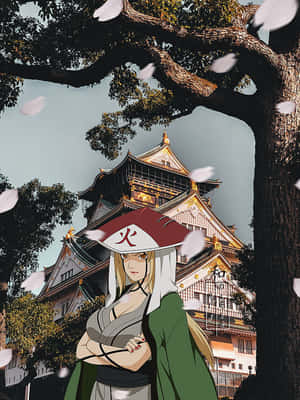 穿著綠色長袍的動漫女孩站在櫻花樹下，身後是大阪城。 — 舊金山 iPhone 壁紙
