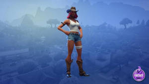 穿著牛仔裝備的Fortnite角色站在懸崖上，俯瞰霧氣籠罩的小鎮。 — 酷炫的《要塞英雄》 壁紙