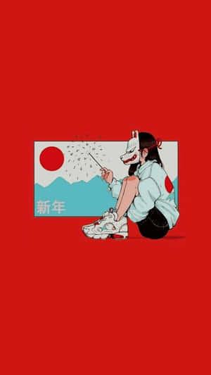戴狐狸面具的女孩，在日本國旗和山脈背景下手持煙火棒。 — 紅色美學 iPhone 壁紙