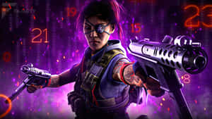 戴眼罩的賽博龐克戰士在霓虹紫色數位環境中手持雙槍。 — 決勝時刻黑色行動冷戰 壁紙