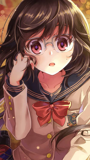 穿著水手服的動畫女孩，戴著眼鏡和紅色蝴蝶結，看起來很驚訝。 — 可愛動漫女孩 壁紙