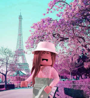 Roblox角色在艾菲爾鐵塔附近的粉紅色櫻花下微笑。 — 酷炫 Roblox 壁紙