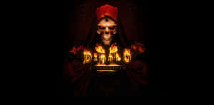 戴紅色兜帽的骷髏，帶有熾熱的 Diablo Resurrected 文字，黑色背景。 — 異塵餘生4 壁紙