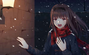 戴紅色圍巾的動漫女孩在夜晚靠近燈光照亮的牆壁捕捉雪花。 — 寒冷 壁紙