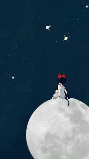 戴紅色蝴蝶結的女孩坐在月亮上看星星 — 桐人 壁紙