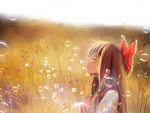 金色花田中漂浮氣泡的戴紅色蝴蝶結動漫女孩。 — 泡泡小隊 壁紙