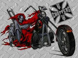 身穿紅色斗篷的死神騎著一輛帶有火焰貼花的黑色chopper摩托車。 — 巴布風機車 壁紙