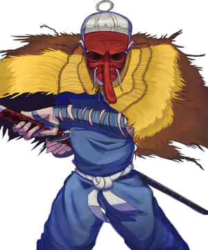 戴著紅色面具和黃色毛皮披風的動漫武士，手持一把劍。 — Pixel Fold 壁紙