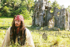 海盜在草地靠近石頭廢墟與棕櫚樹 — 傑克·史派羅 壁紙