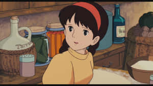 小女孩在一個有罐子和籃子的鄉村風格廚房裡揉麵團。 — 美學天空 壁紙