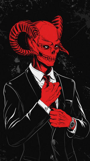 身穿黑色西裝調整領帶的紅色骷髏羊頭惡魔。