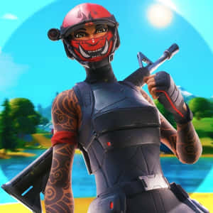 Fortnite角色戴著魔鬼面具在陽光明媚的戶外場景中手持步槍 — 酷炫的《要塞英雄》 壁紙