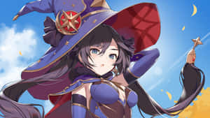 戴著紫色帽子和斗篷的動漫女巫在藍天下手持星形魔杖。 — 原神 壁紙