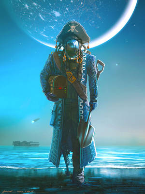 未來海盜穿著太空裝備，站在發光的外星海灘上，月亮發光。 — 神鬼奇航 壁紙
