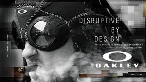 戴著Oakley護目鏡的男人在故障背景上呼出煙霧，帶有品牌文字。 — 運動 壁紙