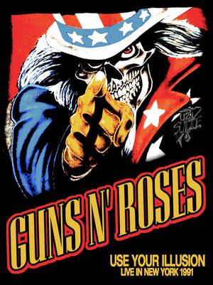 Guns N' Roses音樂會海報，特色是一個戴著美國國旗帽子的骷髏頭向前指。 — 玫瑰金 壁紙