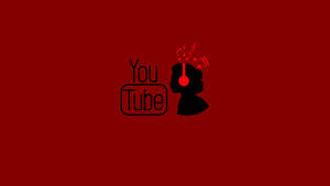 戴著耳機和音符的人的黑色剪影，旁邊是紅色背景上的 YouTube 標誌。 — YouTube 標誌 壁紙
