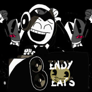 戴著耳機的卡通DJ在標有 'ENDY BEATS' 的台後面與骷髏人物一起笑。