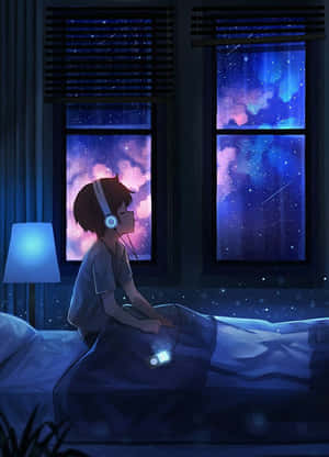 一個戴著耳機的年輕人坐在床上，望向窗外的一片星空夜空。 — 動漫 壁紙