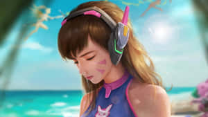 戴著耳機的動漫女孩在陽光明媚的海灘上，背景有海洋和棕櫚樹。 — 海灘 壁紙