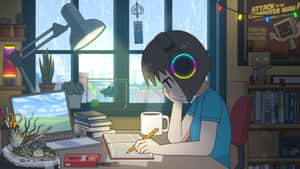 動漫女孩在雨天戴著耳機和筆記型電腦在桌子上學習。 — 讀書 壁紙