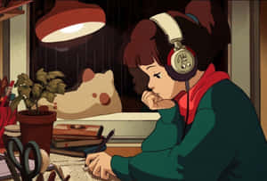 雨夜，戴耳機的女孩在書桌前寫字。 — 動漫女孩連帽上衣 壁紙