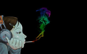 戴著耳機的動漫女孩在黑色背景上呼出彩色煙霧。 — 抽菸 壁紙