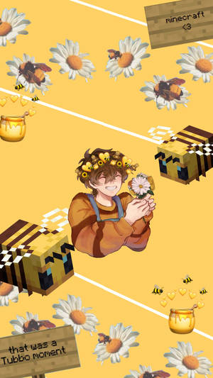 一個微笑的Minecraft養蜂人戴著花冠，手持雛菊，周圍有蜜蜂和蜂蜜罐。 — 黃色美學 GIF 壁紙
