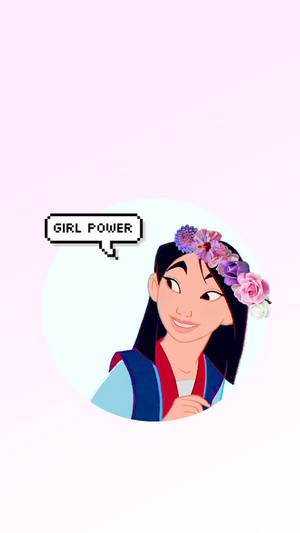 戴著花冠的動畫女孩微笑，帶有「女孩力量」對話框。 — 木蘭 壁紙