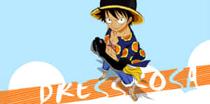 戴著草帽的動畫角色站在帶有文字的風格化波浪上。 — 螢幕保護 壁紙