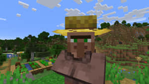 像素化村莊中的Minecraft村民，有綠色田野和藍天。 — 我的世界 壁紙