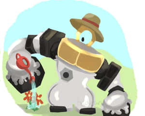 一個戴著草帽的機器人，用紅色灑水壺為紅花澆水。 — 寶可夢 壁紙