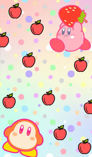 戴著草莓帽的粉紅色卡比和紅蘋果在粉彩圓點背景上。 — Tecno Megapad Pro 壁紙