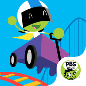 戴頭盔的綠色卡通角色在紅色賽道上駕駛紫色汽車。 — Pbs Kids 壁紙