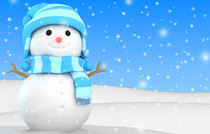 一個微笑的雪人，戴著藍色帽子和圍巾，在雪白的冬日場景中。 — 藍天 壁紙