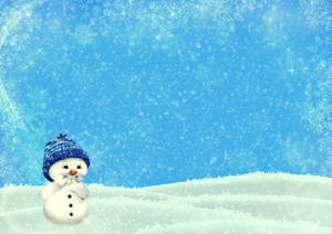 戴著藍色帽子的雪人站在雪景中，雪花飄落。 — 雪景 GIF 壁紙