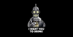 卡通機器人拿著飲品，文字 I WANT YOU TO DRINK! — 藍色小精靈 壁紙