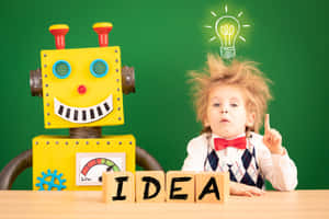 孩子與機器人及頭頂燈泡用木積木拼出idea。 — 創意 壁紙