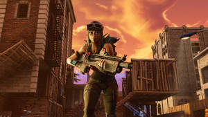 Fortnite角色在都市夕陽場景中瞄準武器 — 忍者 要塞英雄 壁紙