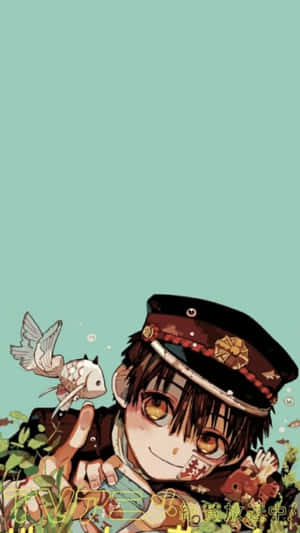 戴帽動漫男孩拿魚，附近有鳥，藍綠色背景 — 花子君 壁紙