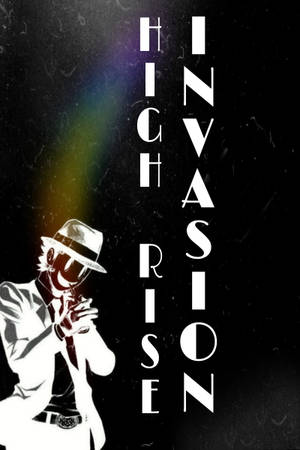 戴軟呢帽的動漫角色抽煙，有彩虹光芒和文字 high rise invasion