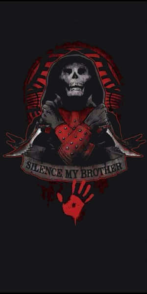 戴著連帽斗篷的骷髏，手持劍，橫幅寫著「silence my brother」，下方有血淋淋的手印。 — 電玩遊戲 GIF 壁紙