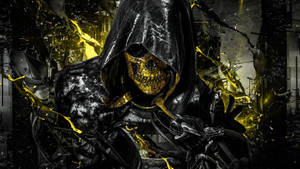 黑暗城市廢墟中，破碎碎片中的黑色連帽金色頭骨。 — 電玩遊戲 GIF 壁紙