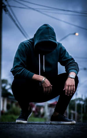 一個穿著深色連帽衫的人在多雲天空下的街道上蹲著。 — 帥哥 壁紙