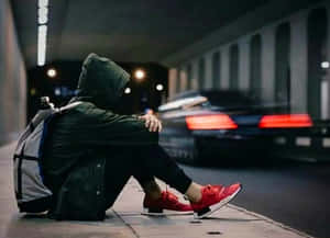 一個穿著連帽衫的人獨自坐在城市夜晚的人行道上，有汽車經過。 — 獨自一人 壁紙
