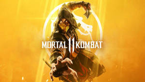 Mortal Kombat戰士身穿暗色盔甲，雙眼發光，在金色背景前向前衝刺。 — 鬼滅之刃 炭治郎 壁紙